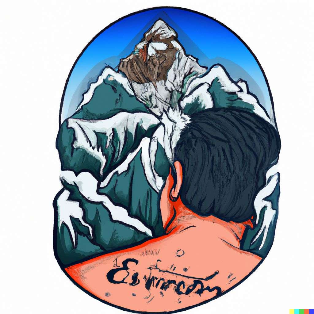 someone gazing at Mount Everest, detailed color retro tattoo design